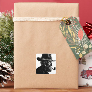 Pegatina Cuadrada Retrato de punto y línea: sabio anciano fumando un