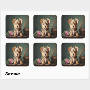 Pegatina Cuadrada Retrato de Rosa de Vintage Cute Puppy Yorkshire Te