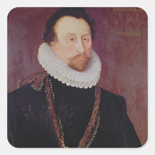 Pegatina Cuadrada Retrato de Sir John Hawkins 1581 (Anverso)