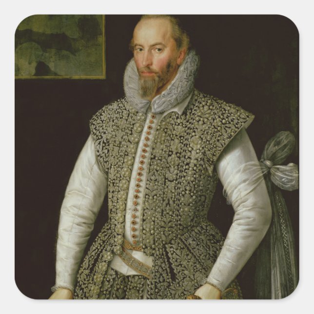 Pegatina Cuadrada Retrato de Sir Walter Raleigh, 1598 (Anverso)