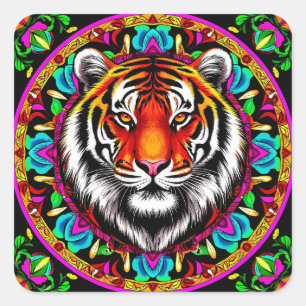 Pegatina Cuadrada Retrato de tigre con diseño de mandala