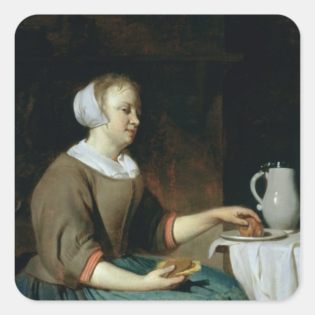 Pegatina Cuadrada Retrato de un Chica sentado en una mesa (Anverso)