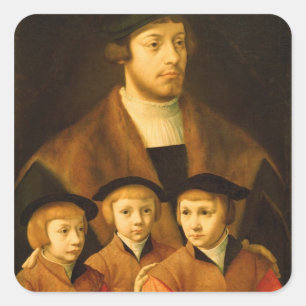 Pegatina Cuadrada Retrato de un hombre y sus tres hijos