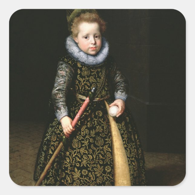 Pegatina Cuadrada Retrato de un niño de cuatro años con club y (Anverso)