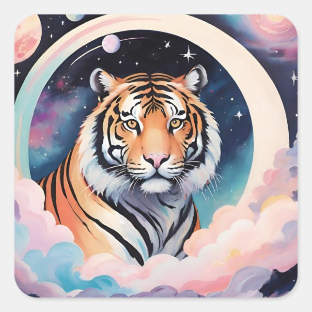 Pegatina Cuadrada Retrato de un tigre en el espacio (Anverso)