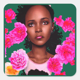 Pegatina Cuadrada Retrato de una joven rodeada de flores