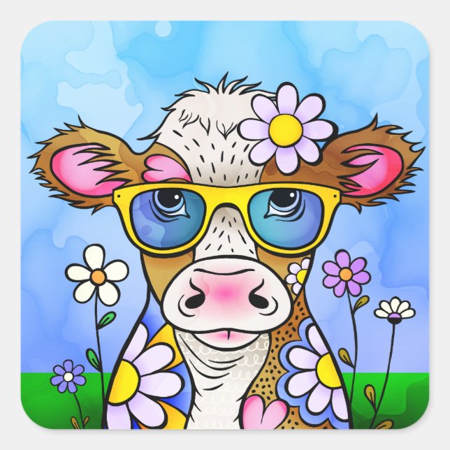 Pegatina Cuadrada Retrato de vaca Doodle (Anverso)