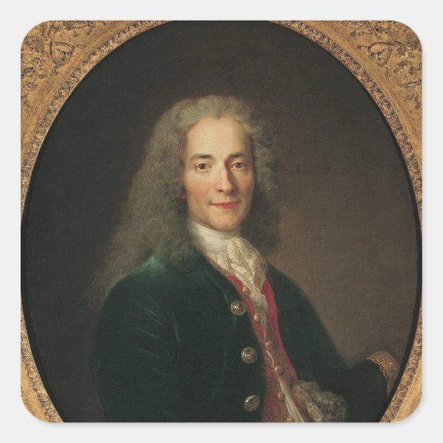 Pegatina Cuadrada Retrato de Voltaire después de 1718 (Anverso)