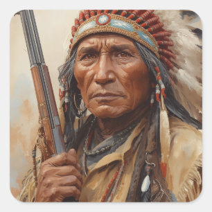Pegatina Cuadrada Retrato del jefe indio Geronimo guerrero