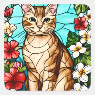 Pegatina Cuadrada Retrato Felino Artístico entre Flores Tropicales
