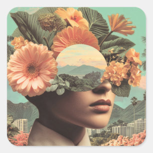 Pegatina Cuadrada Retrato Femenino Surrealista con Elementos Florale
