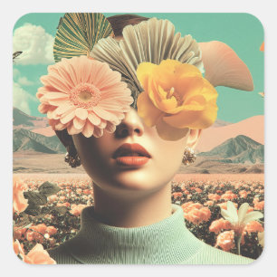 Pegatina Cuadrada Retrato Femenino Surrealista con Flores Cubriendo