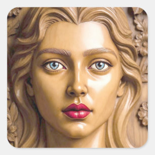 Pegatina Cuadrada Retrato Floral de Madera de una Mujer Elegante