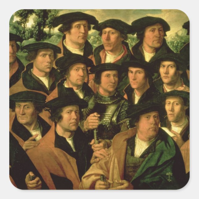 Pegatina Cuadrada Retrato grupal de la compañía de disparos (Anverso)