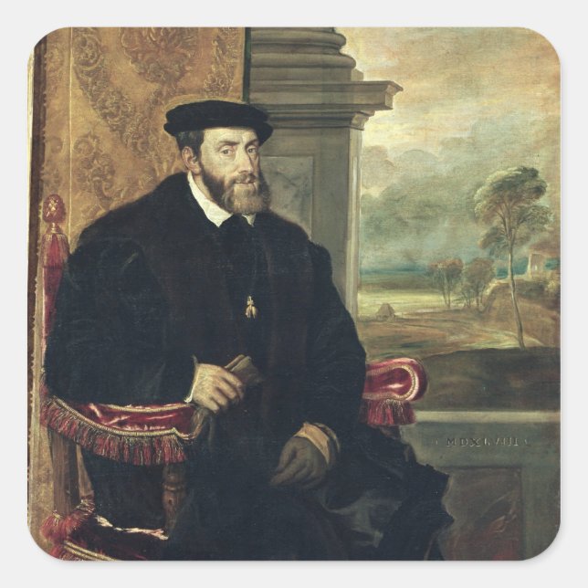 Pegatina Cuadrada Retrato sentado del emperador Carlos V 1548 (Anverso)