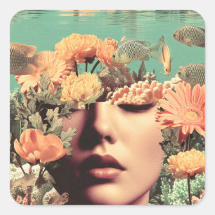 Pegatina Cuadrada Retrato submarino surrealista con flores de coral