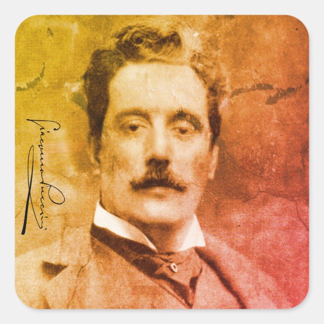 Pegatina Cuadrada Retrato y firma de Giacomo Puccini (Anverso)