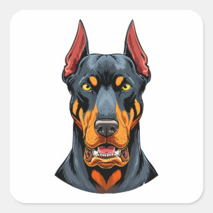 Pegatina Cuadrada Retratos de un perro Doberman de cabeza vista fron