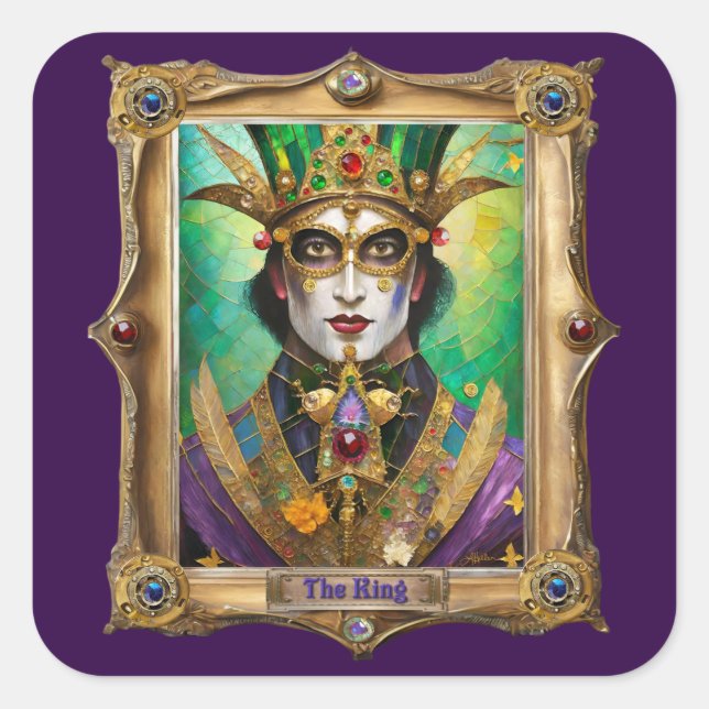 Pegatina Cuadrada Retratos del Reino de Mardi Gras - El Rey (Anverso)