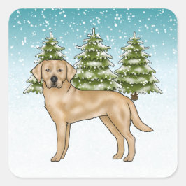 Pegatina Cuadrada Retriever Labrador Amarillo Bosque Nevado Invernal