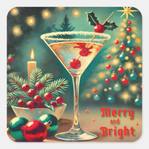 Pegatina Cuadrada Retro 50s Cóctel Martini de Navidad Alegre y Brill