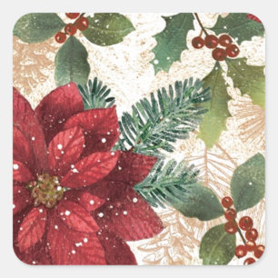 Pegatina Cuadrada Retro 50s Flor de Nochebuena Rojo Verde Crema