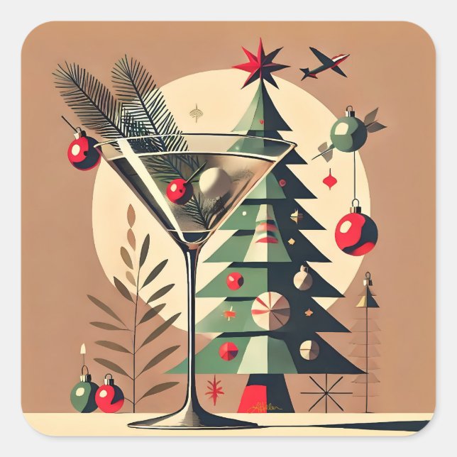 Pegatina Cuadrada Retro 50s Jet Set Christmas Tree Martini (Anverso)