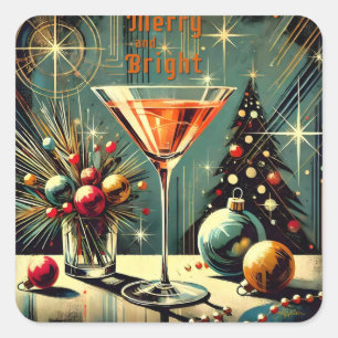 Pegatina Cuadrada Retro 50s Martini de Navidad Alegre y Brillante