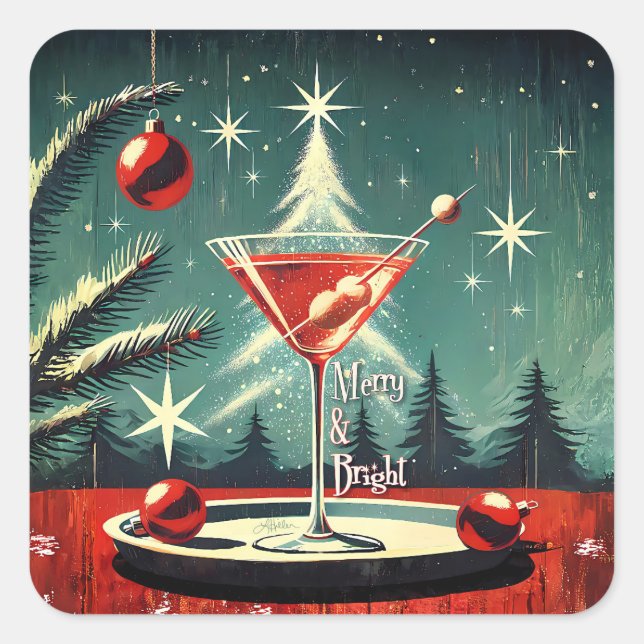 Pegatina Cuadrada Retro 50s Snow Flurry Christmas Tree Martini (Anverso)