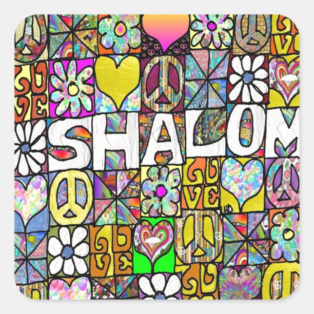 Pegatina Cuadrada Retro 60 Psicodélico Shalom LOVE (Anverso)