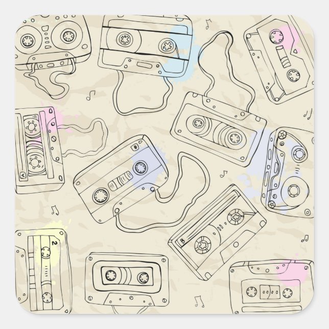 Pegatina Cuadrada Retro 80s 90s Nostalgic Cassette Mix Tape Pattern (Anverso)
