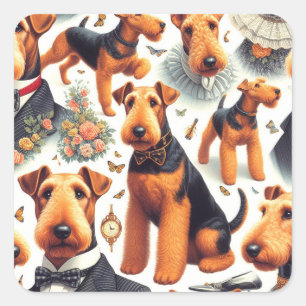 Pegatina Cuadrada Retro Airedale Terrier Seamless