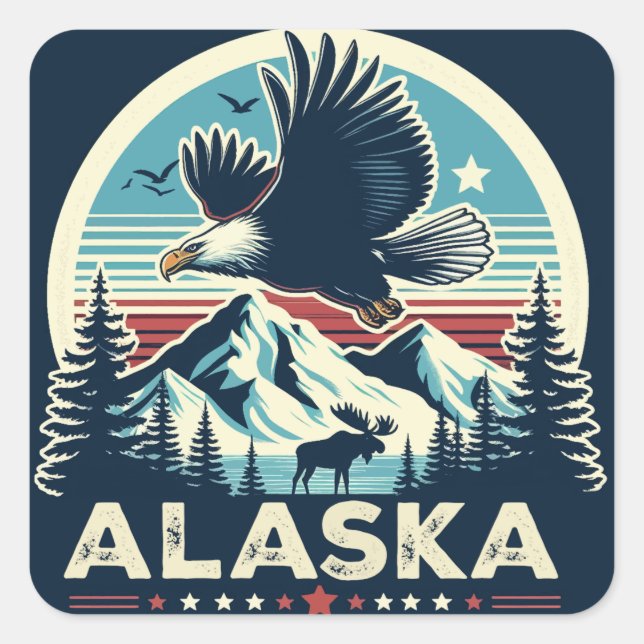 Pegatina Cuadrada Retro Alaska (Anverso)