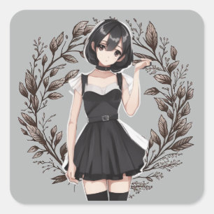 Pegatina Cuadrada Retro Anime Pequeño vestido negro Decoración Imagi