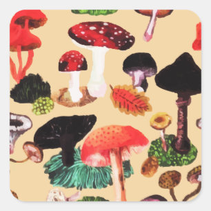 Pegatina Cuadrada Retro Autumn Woodland Mushroom Watercolor