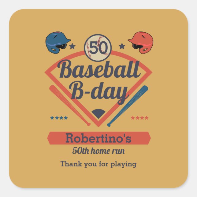 Pegatina Cuadrada Retro Baseball B-Day Men's 50th Birthday (Anverso)