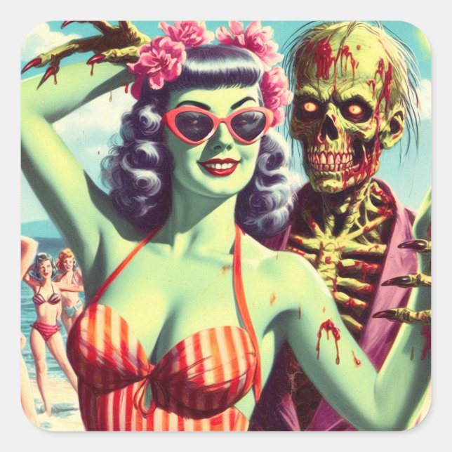Pegatina Cuadrada Retro Beach Zombie Pin Up (Anverso)