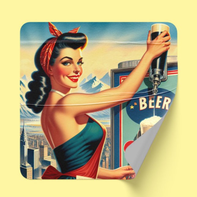 Pegatina Cuadrada Retro Beer Pinup (Subido por el creador)