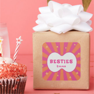 Pegatina Cuadrada Retro Besties Pink & Orange Sunburst Personalized 