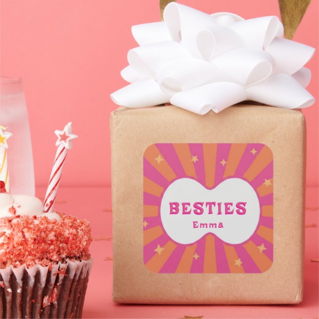 Pegatina Cuadrada Retro Besties Pink & Orange Sunburst Personalized  (Fiesta)