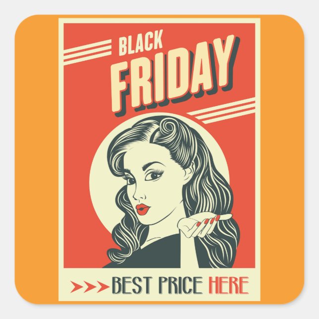 Pegatina Cuadrada Retro Black Friday Pop Art Pin-Up Girl (Anverso)