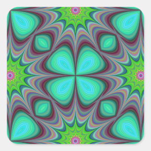 Pegatina Cuadrada Retro Boho Hippie Green Clover Psychedeld Mandala