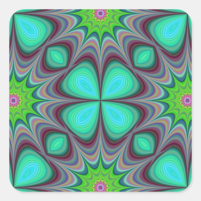 Pegatina Cuadrada Retro Boho Hippie Green Clover Psychedeld Mandala (Anverso)