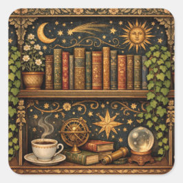 Pegatina Cuadrada Retro book shelf book lover celestial stars