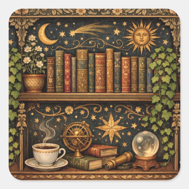 Pegatina Cuadrada Retro book shelf book lover celestial stars  (Anverso)