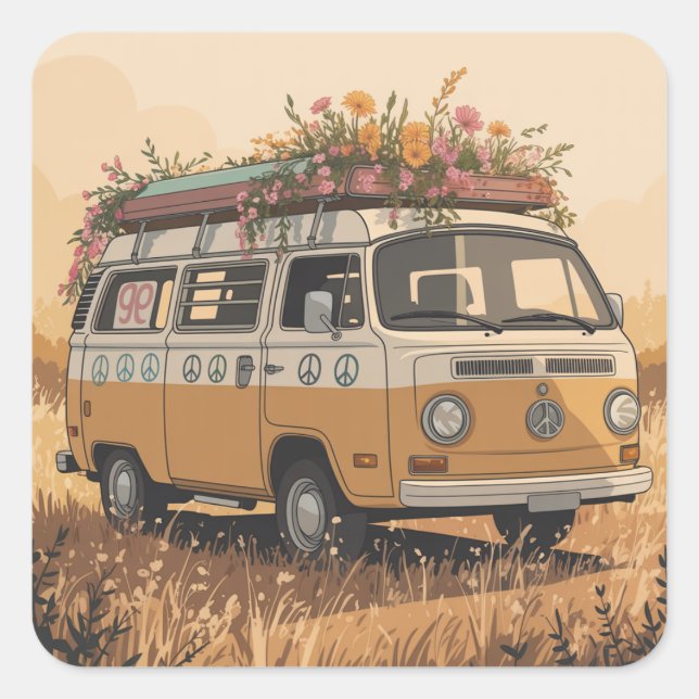 Pegatina Cuadrada Retro Camper Van Sticker –  (Anverso)