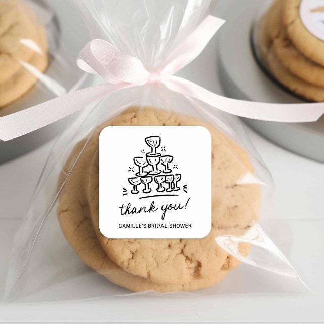 Pegatina Cuadrada Retro Champagne Bridal Shower (Champagne Bridal Shower Thank you sticker)