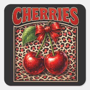 Pegatina Cuadrada Retro Cherry Coquette Diseño de Lazo de Moda sobre