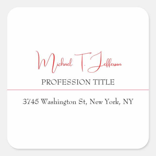 Pegatina Cuadrada Retro Clásico Elegante Plata Simple Blanco Rojo (Anverso)