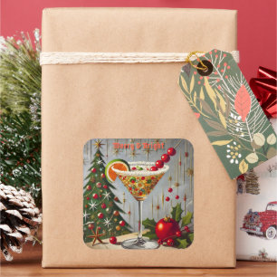 Pegatina Cuadrada Retro Cóctel de Dulce Navideño Alegre y Brillante 